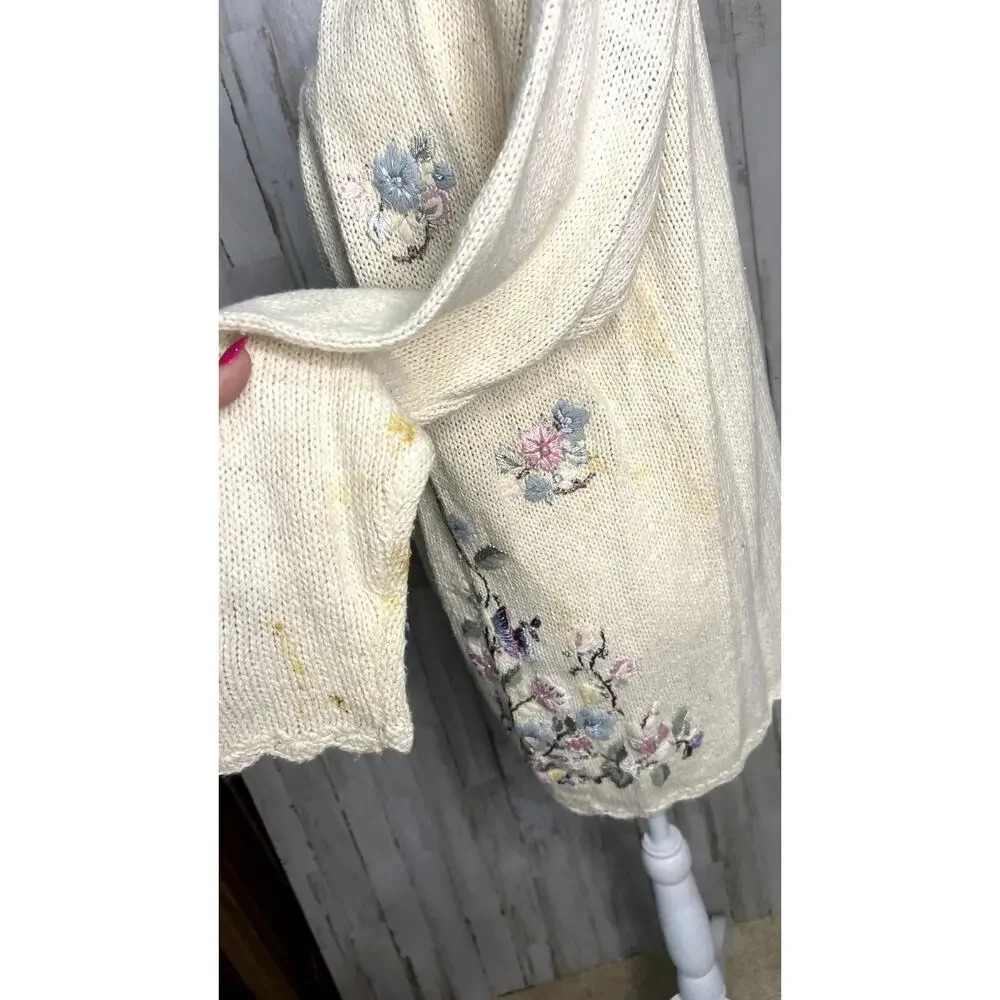 Vintage 80s Crystal Kobe Floral Embroidered Knit Cardigan Beige Women's‎ Medium - Picture 6 of 7